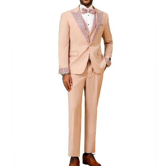 Rose Gold Stoned Peak Lapel 3 Piece Skinny Fit Men's Suit With Matching Bowtie Rose Gold Stoned Peak Lapel 3 Piece Skinny Fit Men's Suit With Matching Bowtie